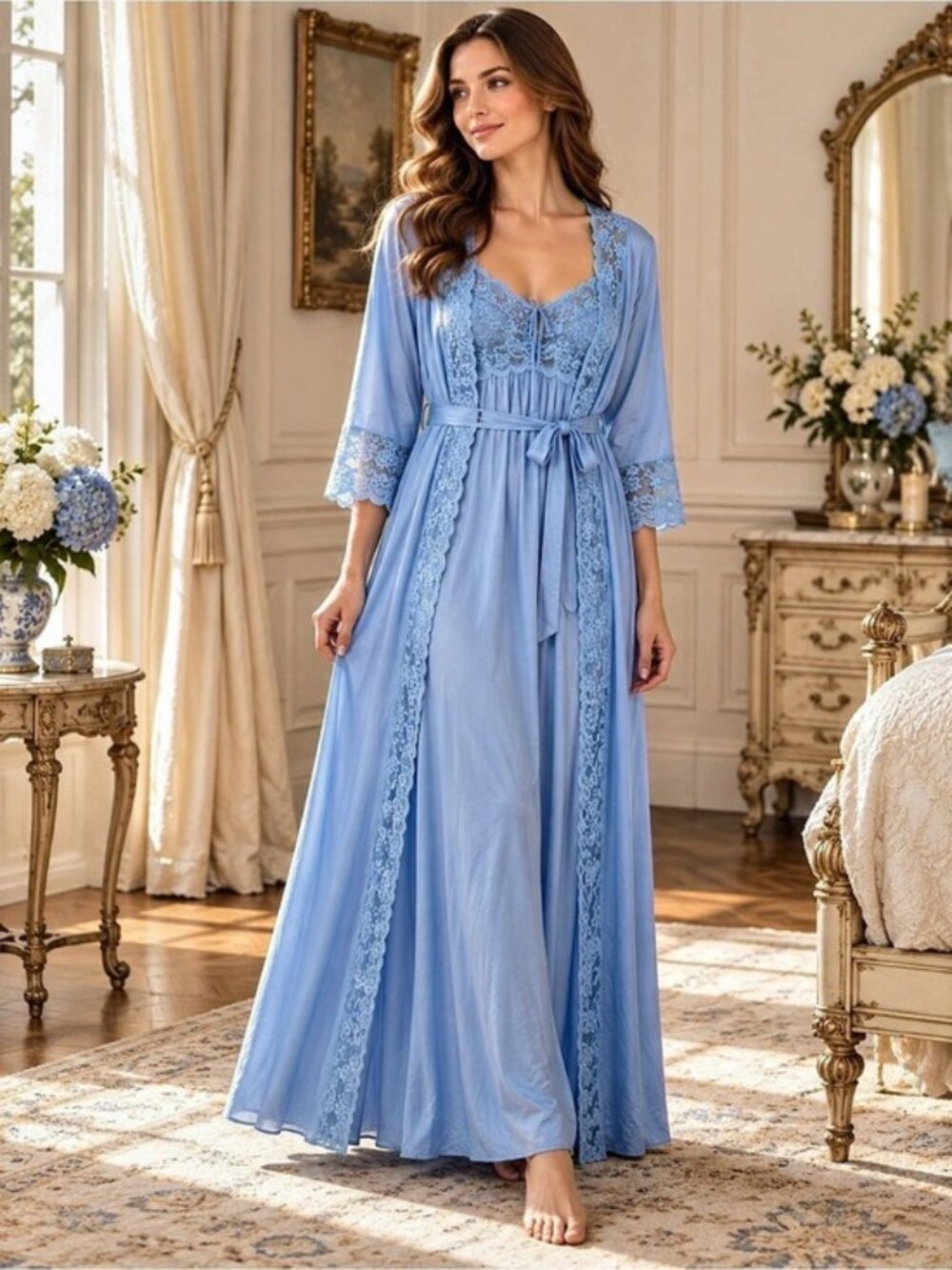 Maidenform Blue Lace Peignoir Robe Nightgown Set M Vintage Romantic